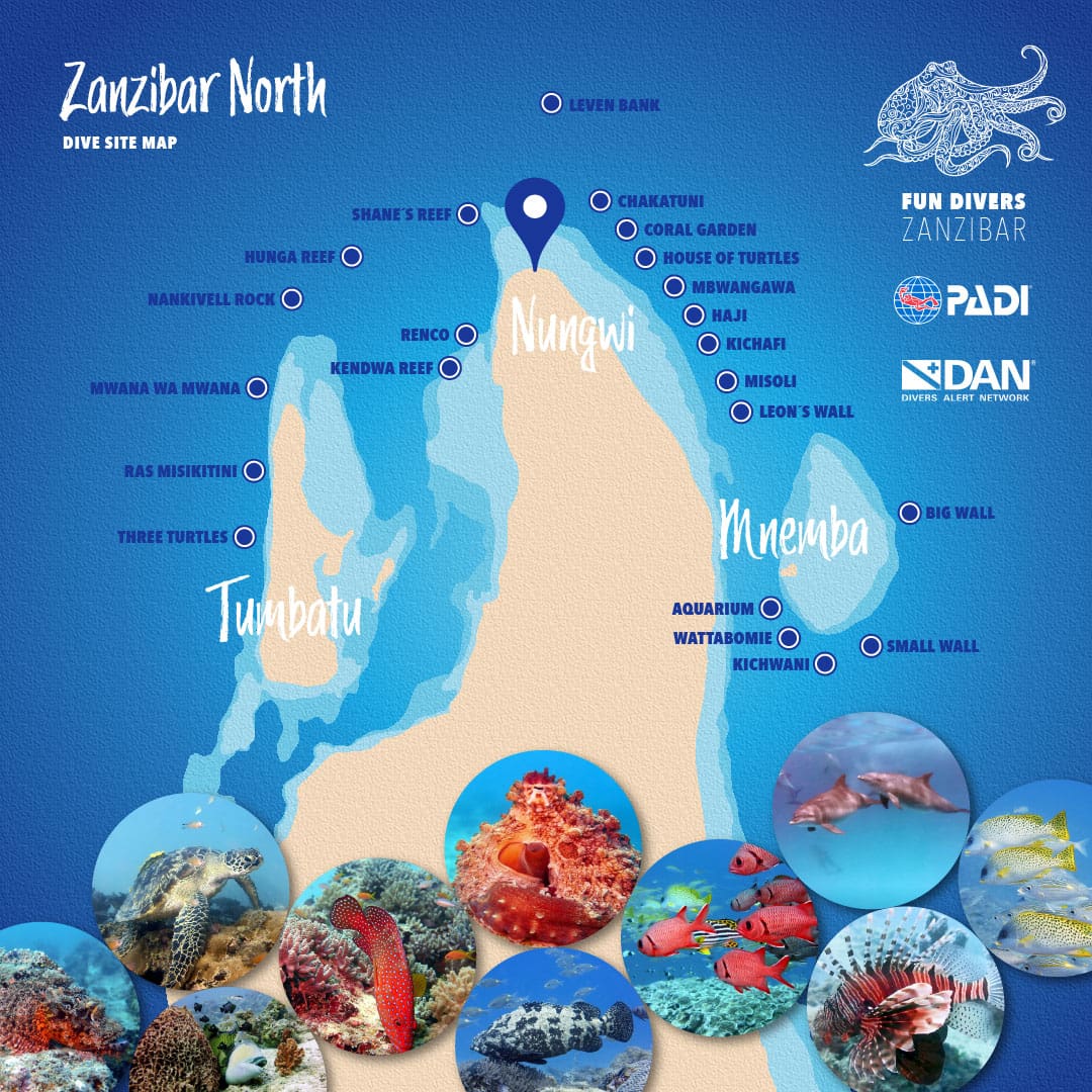The best dive sites in Zanzibar are situated around the island’s north coast. Dive map of premier dive location Zanzibar showing top 22 best spots for scuba diving in Zanzibar North, including Mnemba (Kichwani, Wattabomie, Big Wall, Small Wall, Aquarium), Tumbatu (Mwana Wa Mwana, Ras Misikitini, Three Turtles), Nungwi (Shane´s Reef, Kichafi, Mbwangawa, Hunga Reef, Nankivell Rock) and Leven Bank.