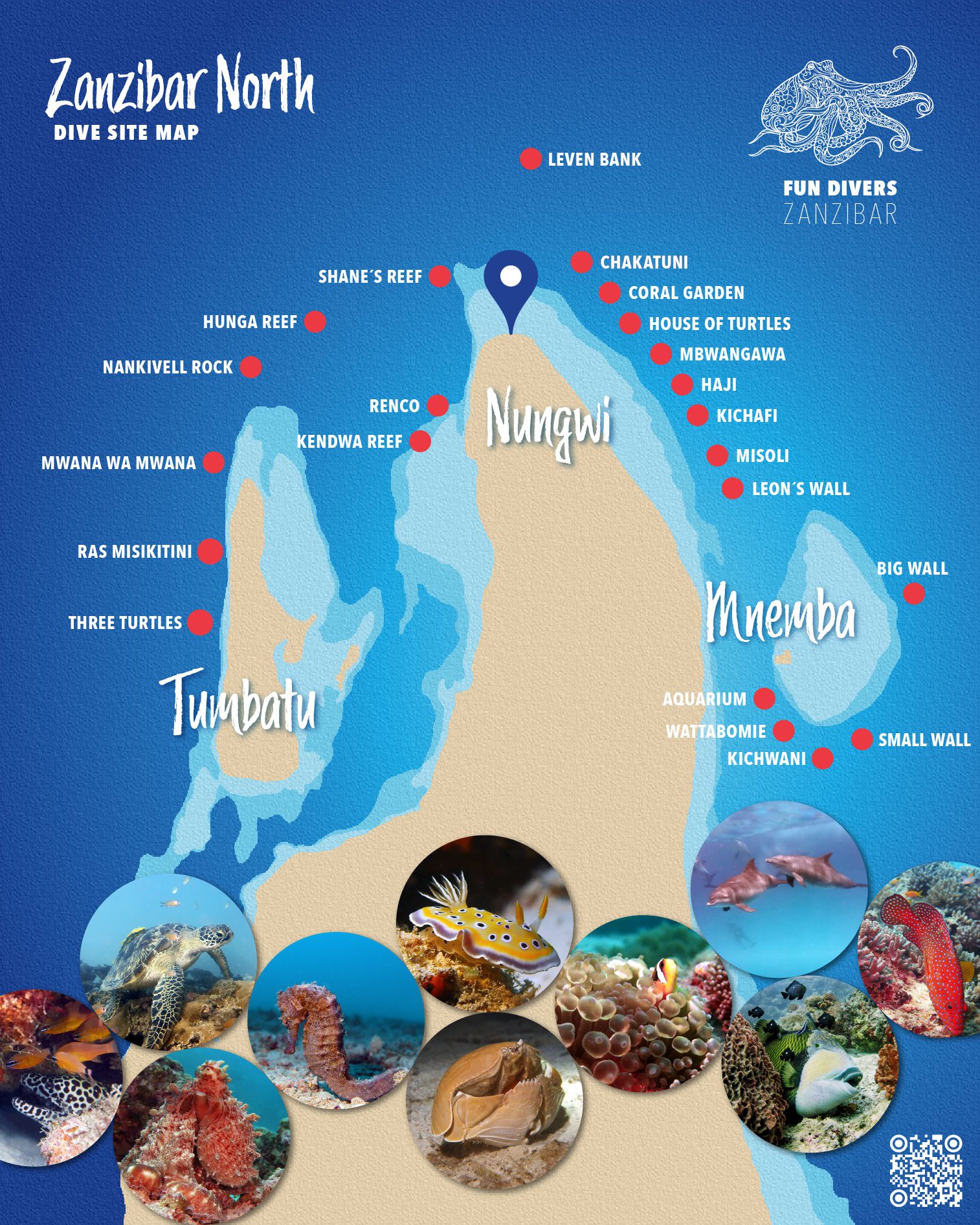 Zanzibar Dive Site Map An informative map showcasing the premier dive sites in Northern Zanzibar. Key locations such as Tumbatu, Nungwi, Leven Bank, and Mnemba Island are clearly marked, highlighting the best spots for underwater exploration and coral reef discovery.